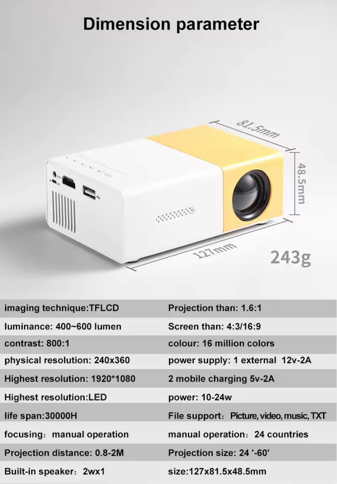 Portable LED Mini Projector, YG300, Compatible with HDMI, USB, TF, Audio, Home, Smart Multimedia Player, Compact for Travel